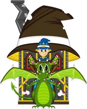 Cartoon Wizard at House with Dragon Stockillustratie