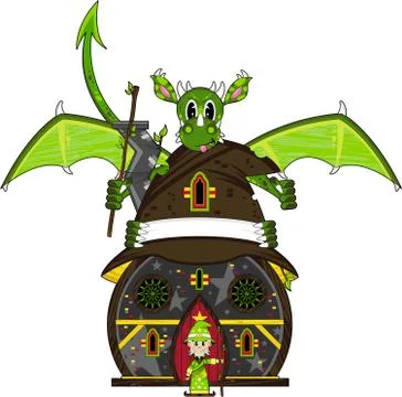 Cartoon Wizard at House with Dragon Stockillustratie