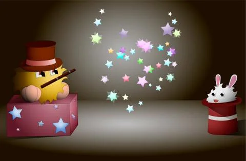 Cartoon wizard shows focus to rabbit from hat Stock Illustration
