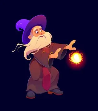 Cartoon wizard with white beard and purple hat Stock Illustration
