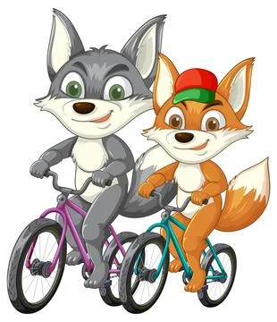 Cartoon Wolf and Fox Riding Bicycles Together Stock Illustration