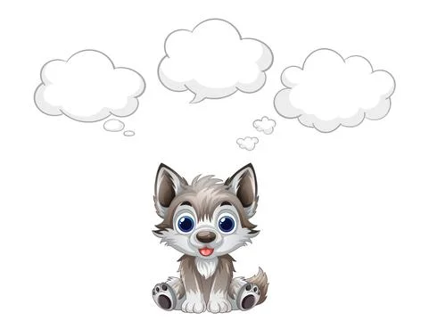Cartoon Wolf Cub Sitting with Blank Thought Bubbles Vector Illustration Stock Illustration