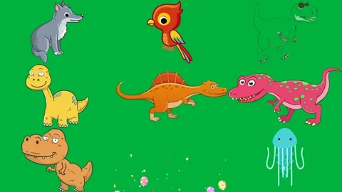 Cartoon wolf sitting green background bird drawing t - rex dinosaur. Stock Footage 310562922