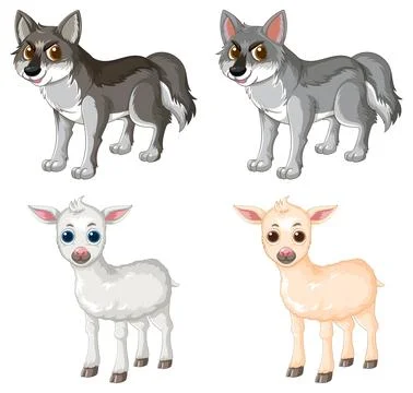 Cartoon Wolves and Lambs Standing Isolated on White Background Stock Illustration