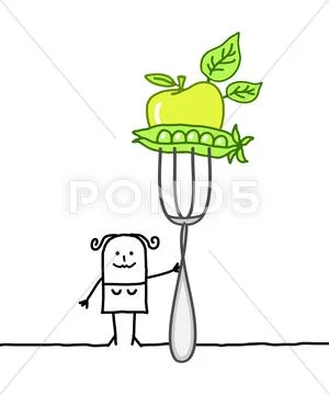 Cartoon woman with big fork and vegetables Stock Illustration