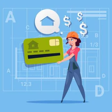 Cartoon Woman Builder Hold Credit Card Sell House Real Estate Over Abstract Plan Stock Illustration