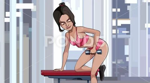 Cartoon Woman Doing Exercise With Dumbbell While In The Gym
