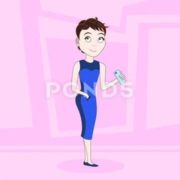 Cartoon Woman In Elegant Dress Holding Cell Smart Phone Over Abstract Pink Stock Illustration