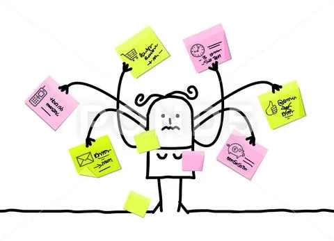 Cartoon Woman Multitasking with Sticky Notes Stock Illustration