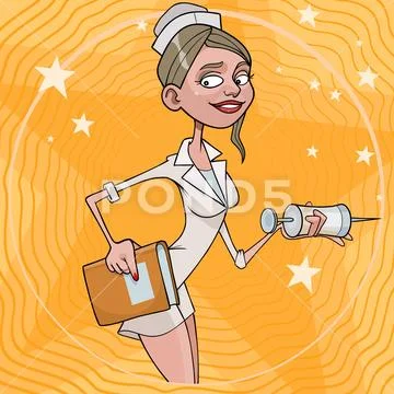 Cartoon Woman In Nurse Costume With A Book And Syringe In Her Hands
