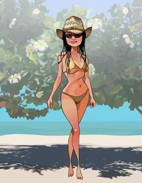 Cartoon woman in a swimsuit and hat stands shyly on the seashore Stock Illustration