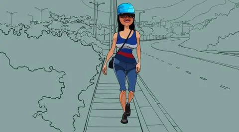 Cartoon woman tourist walks along the road Stock Illustration