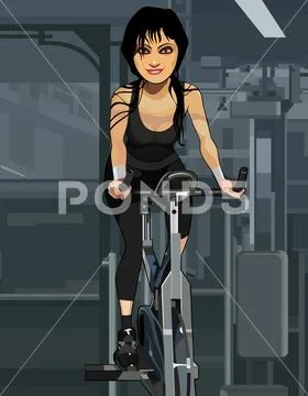 Cartoon Woman Is Training Simulator Bike In The Gym