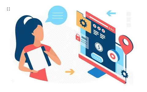 Cartoon woman using computer with security tools Stock Illustration
