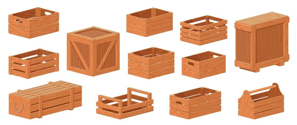 Cartoon wooden boxes. Different types empty isometric containers, isometric イラスト素材