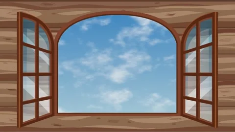 Cartoon Wooden Window Frame with Drifting White Clouds in Blue Sky Stock Footage 345800550