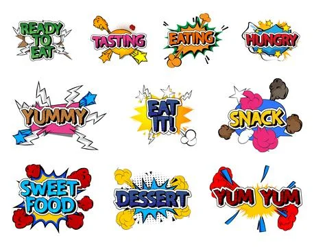 Cartoon words set, comic book Food related text. Retro vector comics pop ar.. Stock-Illustration