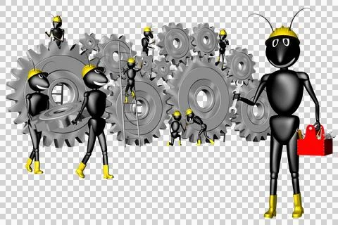 Cartoon worker ants  teamwork on gears Illustrazione stock