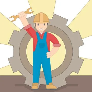 Cartoon worker on a gear background. Stock Illustration