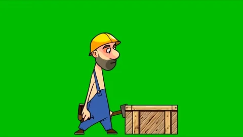 Cartoon worker hammering a nail into a box on a green background Video stock 196552467