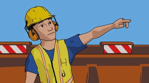 Cartoon worker man at work yellow bib and hard hat construction site Stock Illustration