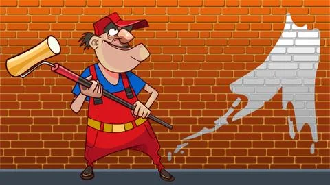 Cartoon worker with a roller in his hands paints a brick wall Stock Illustration