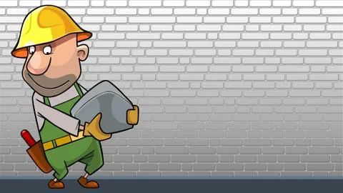 Cartoon worker with a stone in hands on the background of the wall Stock Illustration