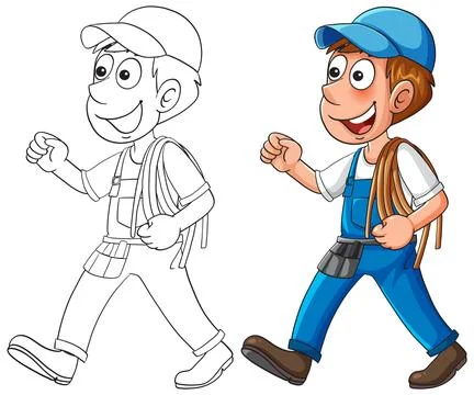 Cartoon Worker Walking with Backpack and Tools Stock Illustration