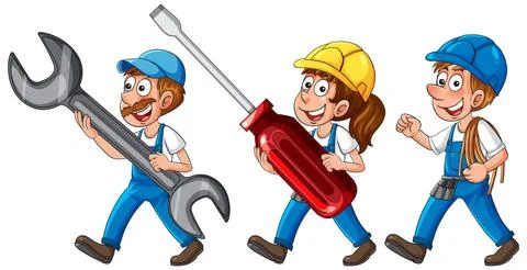 Cartoon Workers Carrying Oversized Tools and Backpack Illustrazione stock