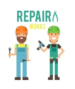 Cartoon workers couple and tools under construction vector illustration Stock Illustration