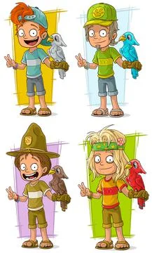 Cartoon workers with parrot characters vector set Stock Illustration