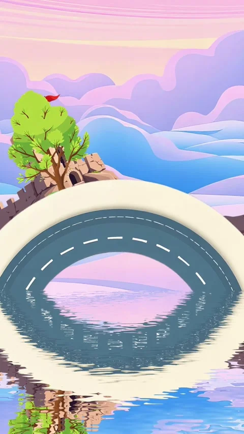 Cartoon World with Road, Castle, Tree and Sky with Reflection Style at Sunset. Stock Footage 304101557