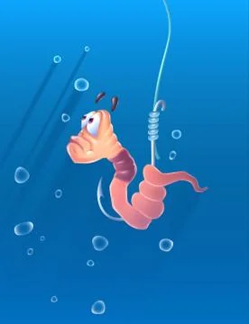 Cartoon worm on a fish hook under water with air bubbles over blue background Stock Illustration