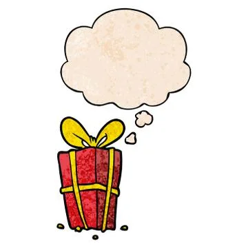 Cartoon xmas present and thought bubble in grunge texture pattern style Stock Illustration