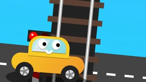 Cartoon Yellow Car Hit By Train At Railroad Crossing And Dragged Until Night Stock Footage 340468596