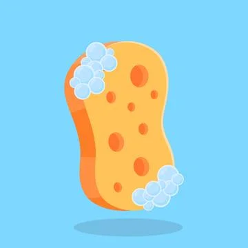 Cartoon Yellow Sponge Illustration with Bubbles Isolated on Blue Background Ilustração Stock