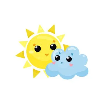 Cartoon yellow sun and blue cloud with kawaii faces. Cute weather and sky Illustrazione stock