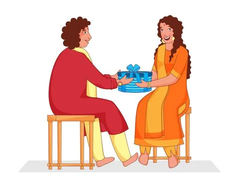 Cartoon Young Boy Given Gift Box To His Sister Sitting On Stools. Illustrazione stock