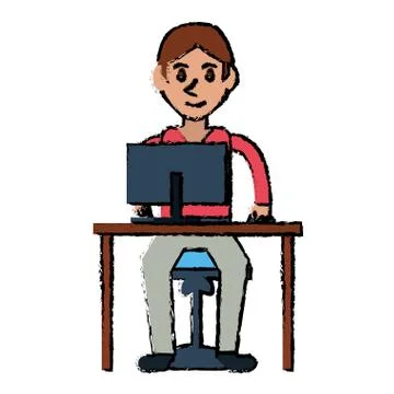 Cartoon young boy uses computer desk chair design Illustrazione stock