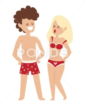Cartoon young lovers couple valentine day signs nude date man and woman fall in Stock Illustration