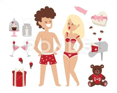 Cartoon young lovers couple valentine day signs nude date man and woman fall in Stock Illustration