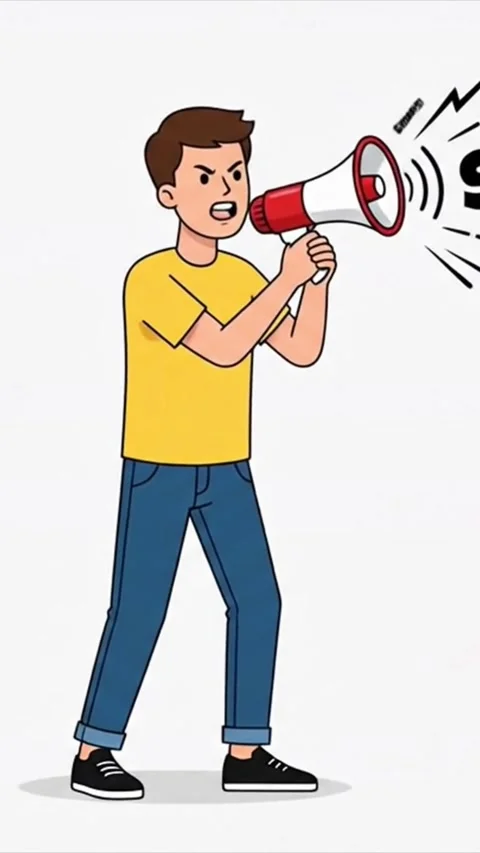 Cartoon Young Man Announcing and Shouting into a Megaphone Vertical Video Stock Footage 341748517