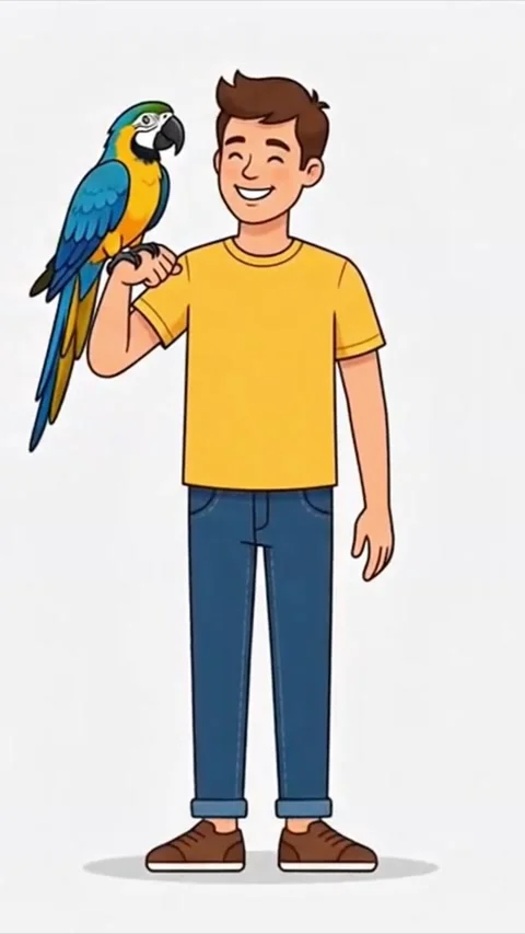 Cartoon Young Man Standing with a Pet Macaw Parrot Vertical Video Stock-Footage 341748520