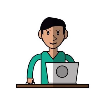Cartoon young man using laptop on desk 库存插图