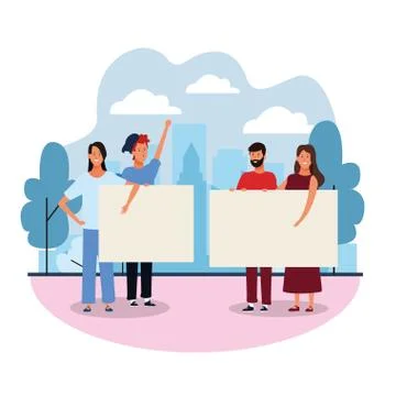 Cartoon young people protesting with blank posters in the park, colorful design Ilustração Stock