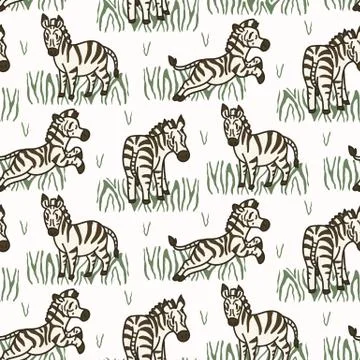 Cartoon Zebra in Grass Seamless Pattern. Cute Safari Animal Background. Hand Stock Illustration