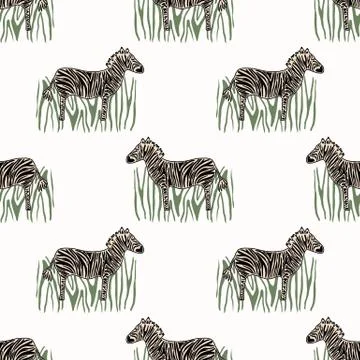 Cartoon Zebra in Grass Seamless Pattern. Cute Safari Animal Background. Hand Stock Illustration