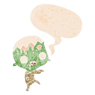 Cartoon zombie and speech bubble in retro textured style Stock Illustration