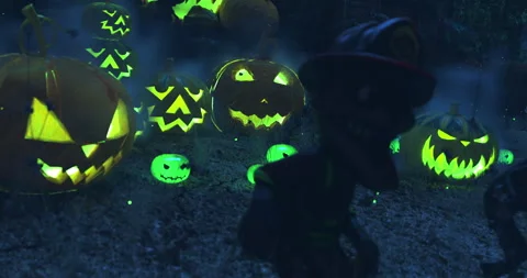 Cartoon Zombies Dancing in green Pumpkins Forest Amidst Mist Stock Footage 277635793
