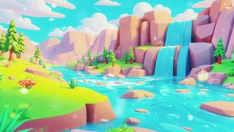 Cartoonish Cascade Vista: A Dynamic Stream with Low-Poly Cliffs and Cloud-Kisse Stock Footage 308845681